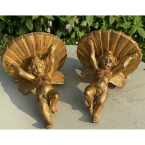 Gilded Wooden Consoles, Pair Of Cherubs, Angels And Shell, Wall Lights