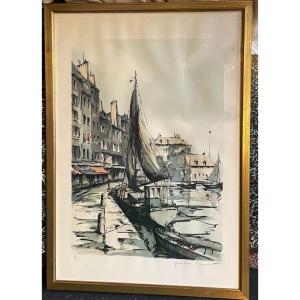 Honfleur, le port par JP Laurent grande lithographie numérotée