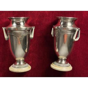 Pair Of Small Art Deco Silver-plated Metal Vases