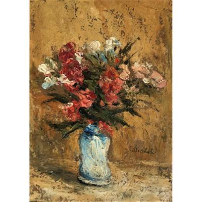Flowers In A Vase, Oil On Panel E Viallate Twentieth