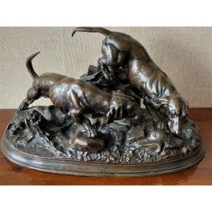 Jules MOIGNIEZ bronze : deux chiens de chasse, bassets à l’affut