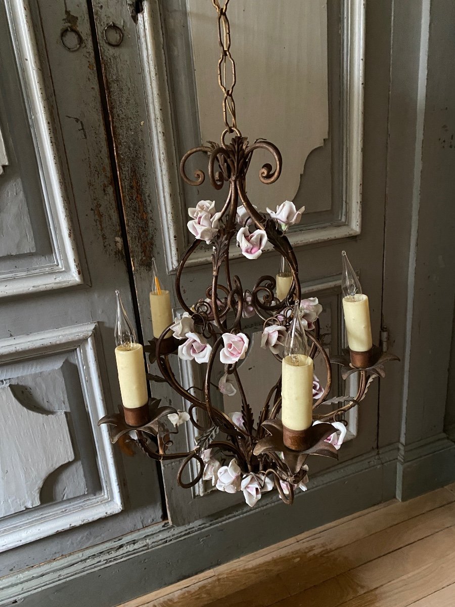 Bronze And Brass Chandelier With Porcelain Flowers Niii-photo-1