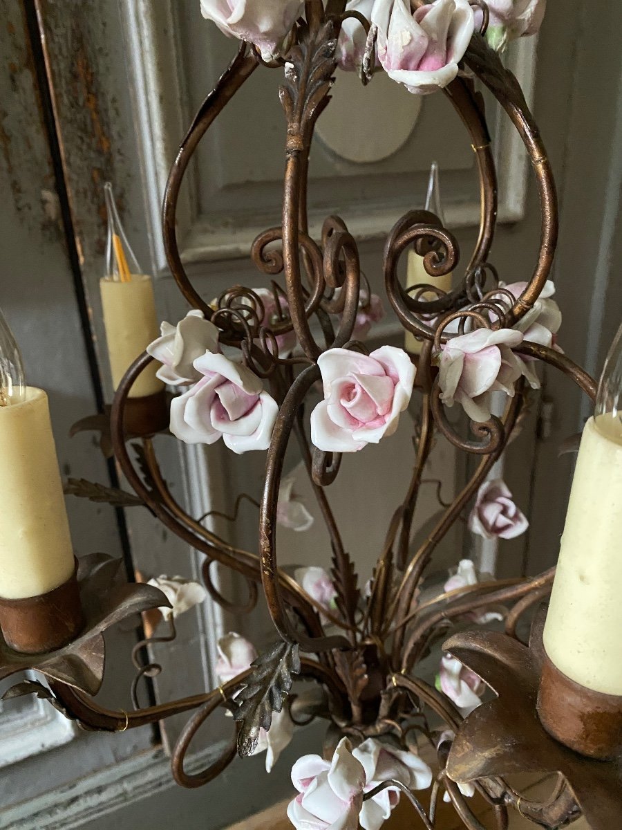 Bronze And Brass Chandelier With Porcelain Flowers Niii-photo-2