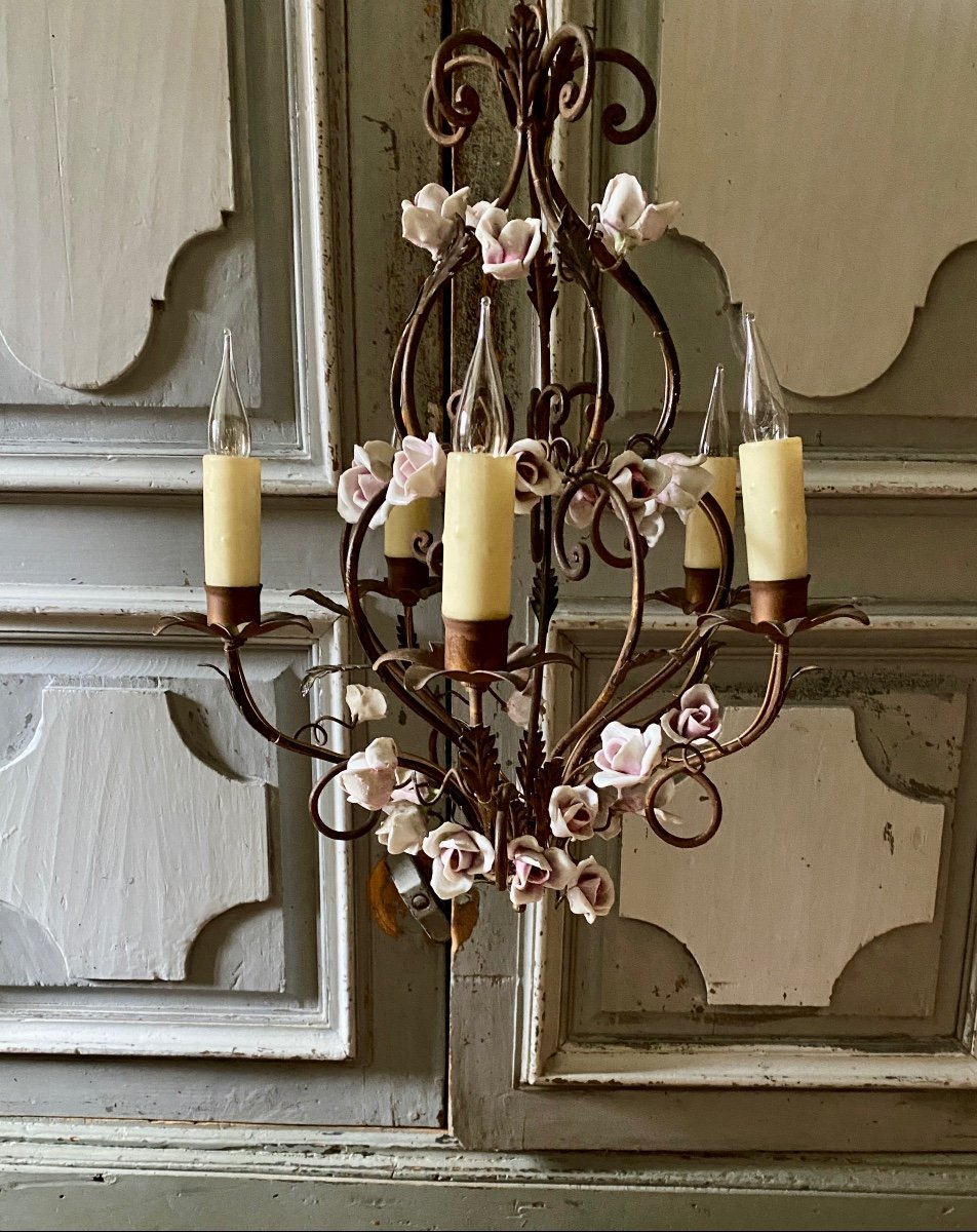 Bronze And Brass Chandelier With Porcelain Flowers Niii