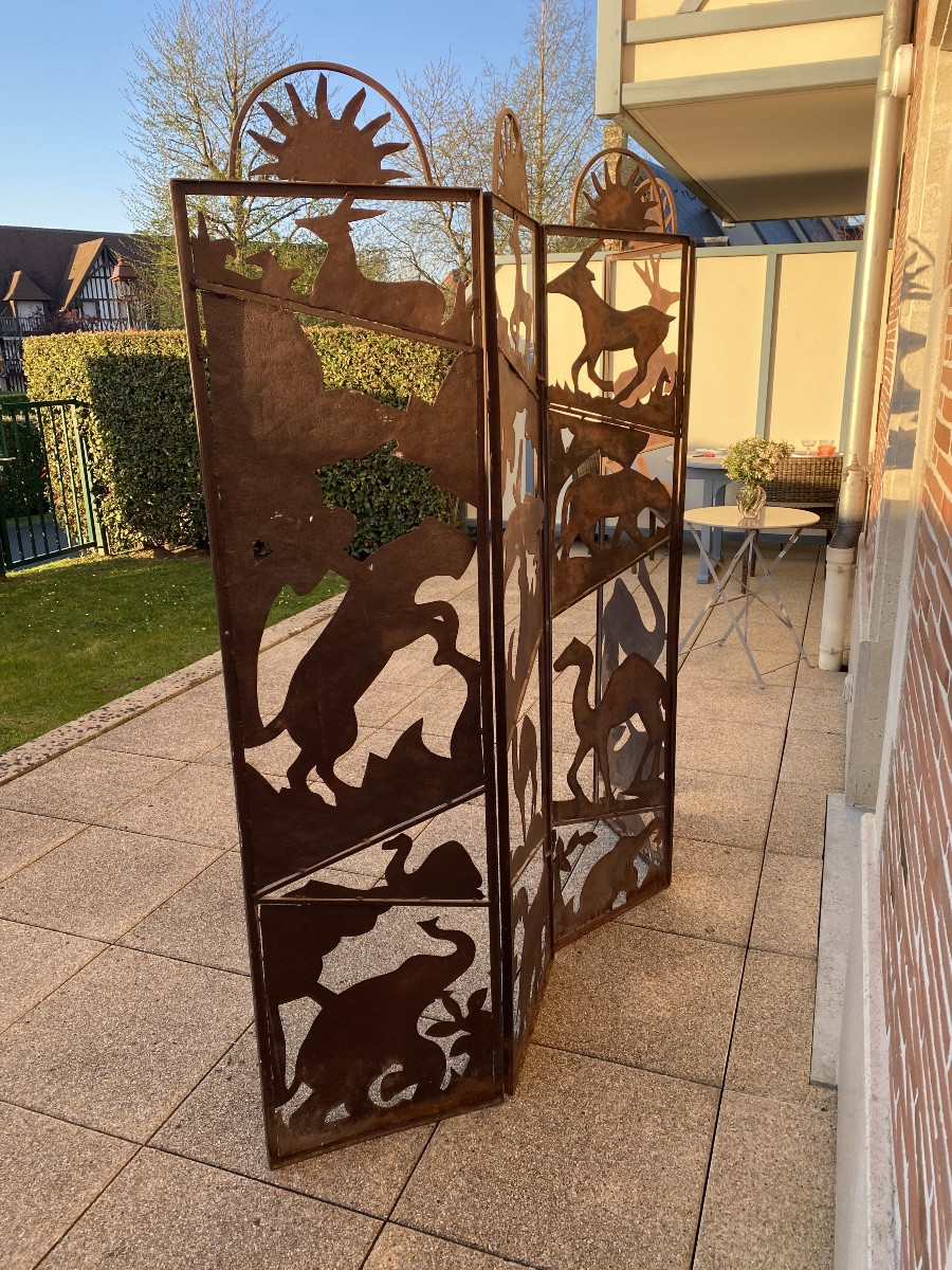 4 Panel Metal Screen With Animal Decor From The 70s-photo-3
