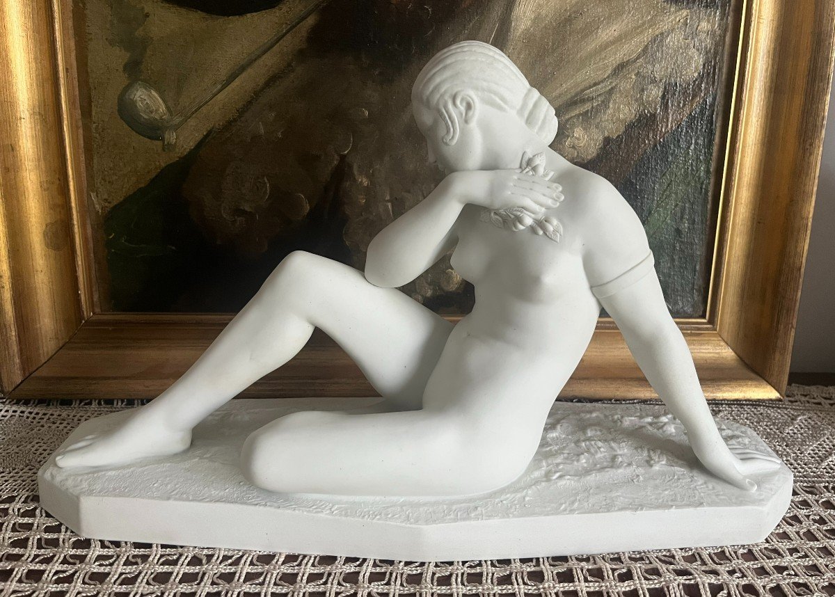 B. Rezl (20th Century) - Biscuit Sculpture Representing A Naked Woman From The Art Deco Period, 20th Century