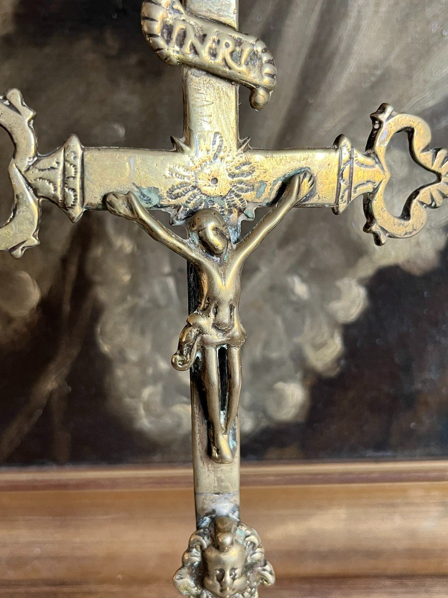 Crucifix Or Altar Christ In Riveted Brass, 17th Century.-photo-3