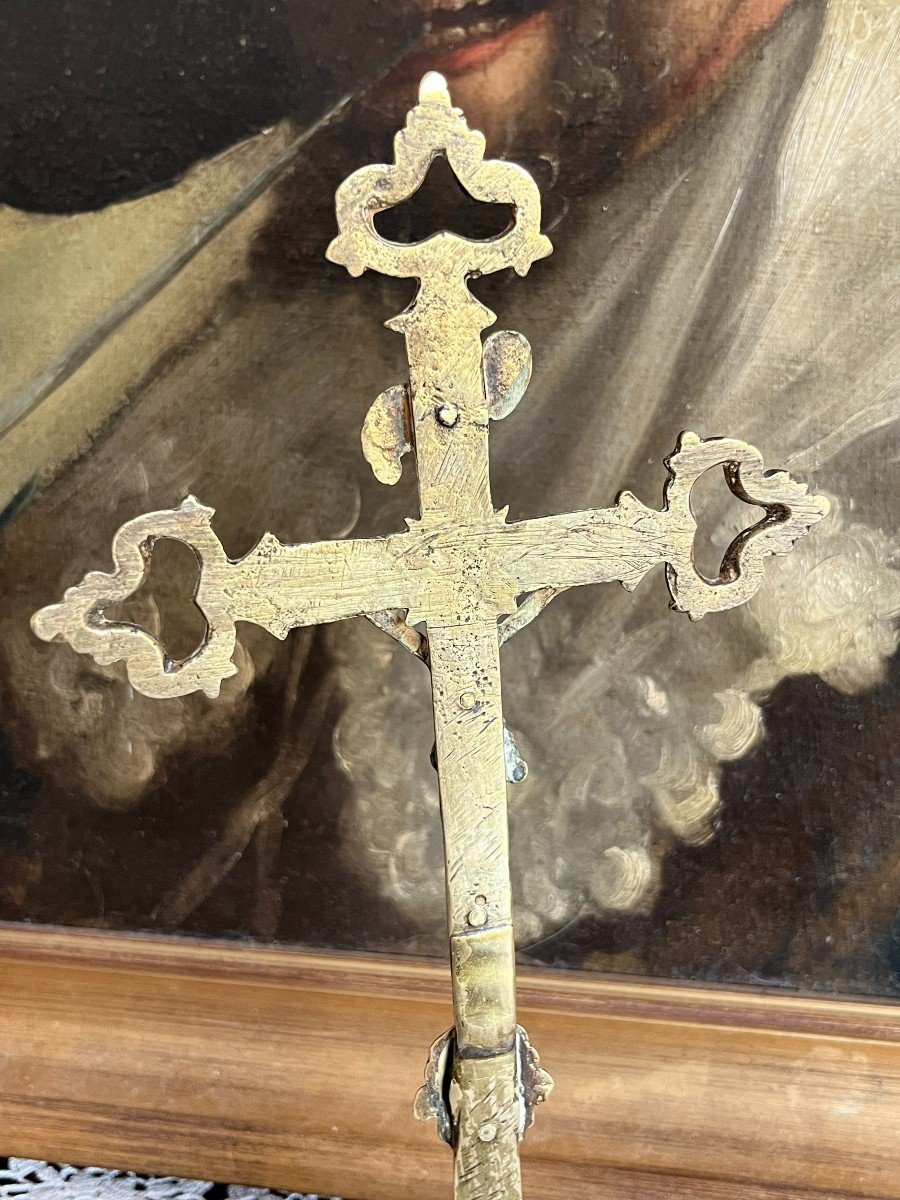 Crucifix Or Altar Christ In Riveted Brass, 17th Century.-photo-2