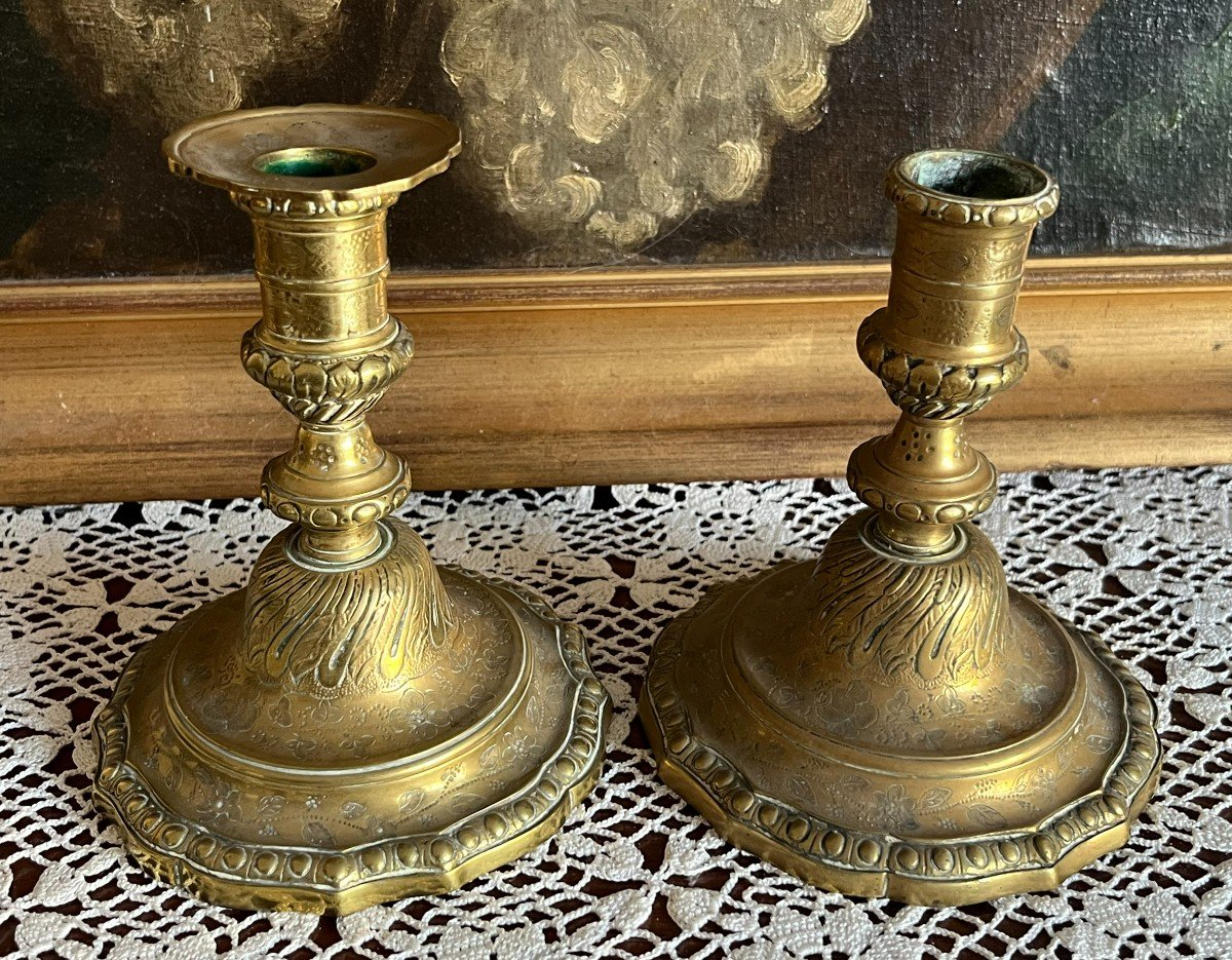 Small Pair Of Bronze Toilet Candlesticks From The Louis XV Period, 18th Century.