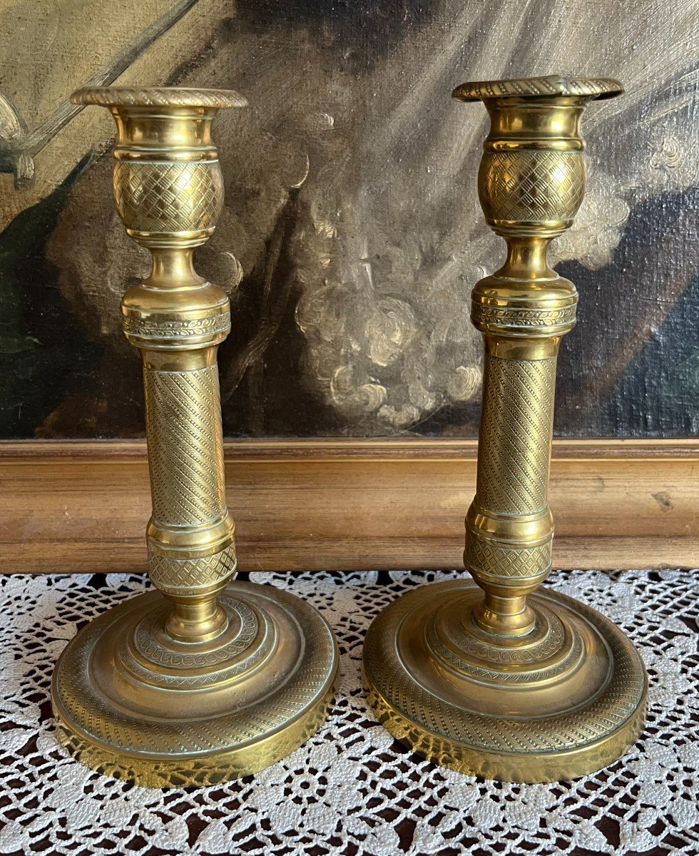 Pair Of Bronze Candlesticks From The Restoration Period, First Half Of The 19th Century.