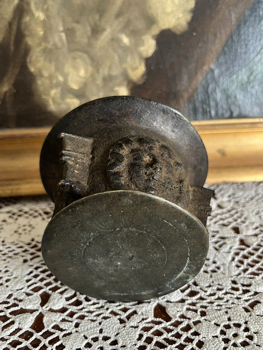 Bronze Apothecary Mortar With Fins And Faces, Puy-en-velay, 17th Century.-photo-1