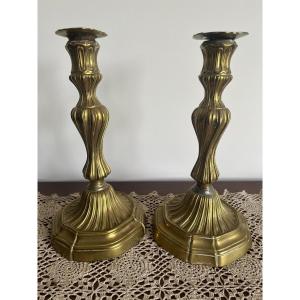 Pair Of Bronze Candlesticks From The Louis XV Period, 18th Century.