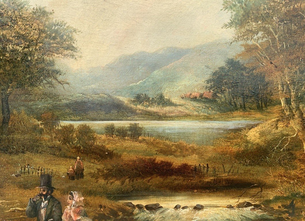 European Painter (19th Century) - River Landscape With Nobles Walking.-photo-3