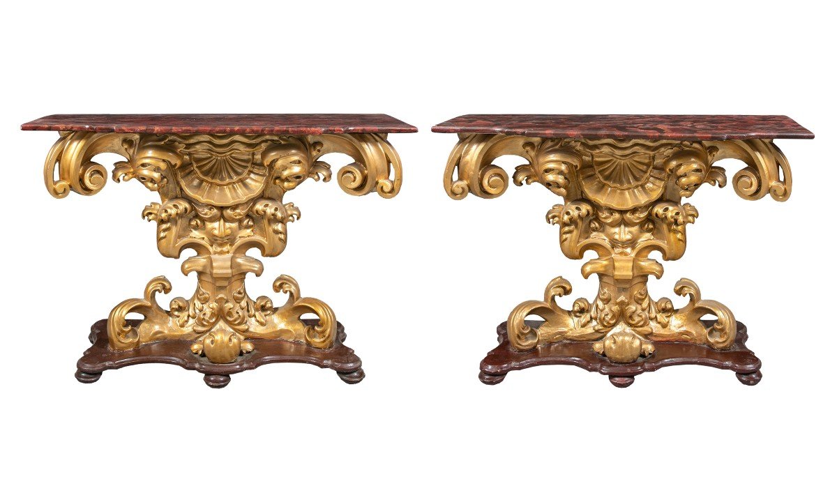 Pair Of Carved And Gilded Consoles. Rome, 18th-19th Century.