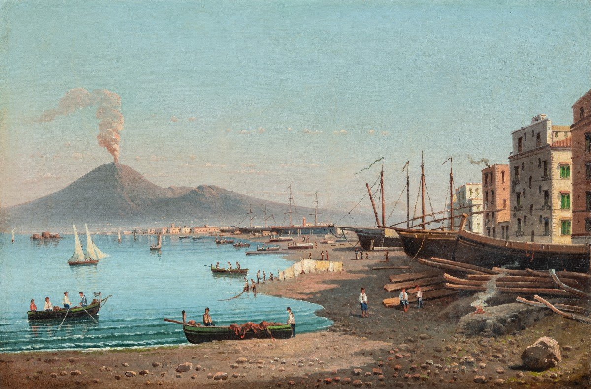 Peintre Italien (début XIXème Siècle) - Vue De Naples Avec Le Vésuve.