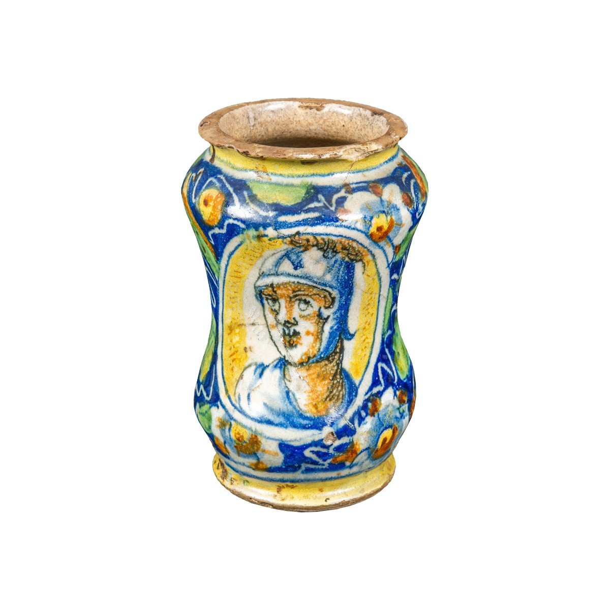 Painted Majolica Albarello - Soldier. Venice, Workshop Of Mastro Domenico, 16th Century.