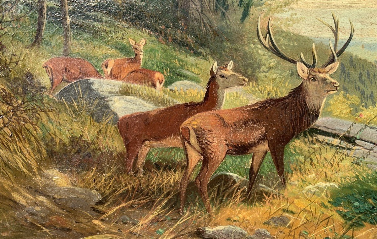 European Painter (19th Century) - Landscape With Deer.-photo-3