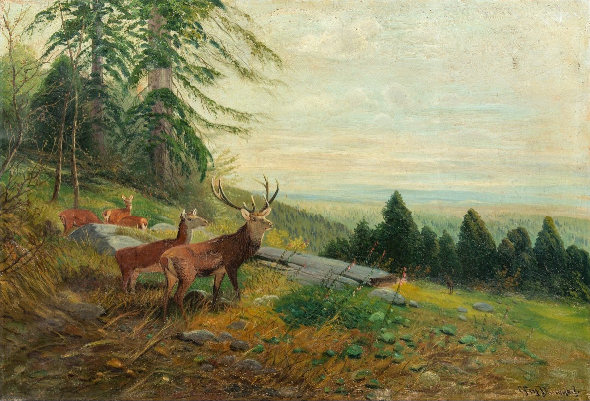 European Painter (19th Century) - Landscape With Deer.