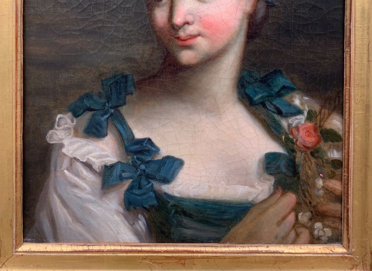 Peintre Français (18ème Siècle) - Portrait De Bergère Aux Fleurs.-photo-3