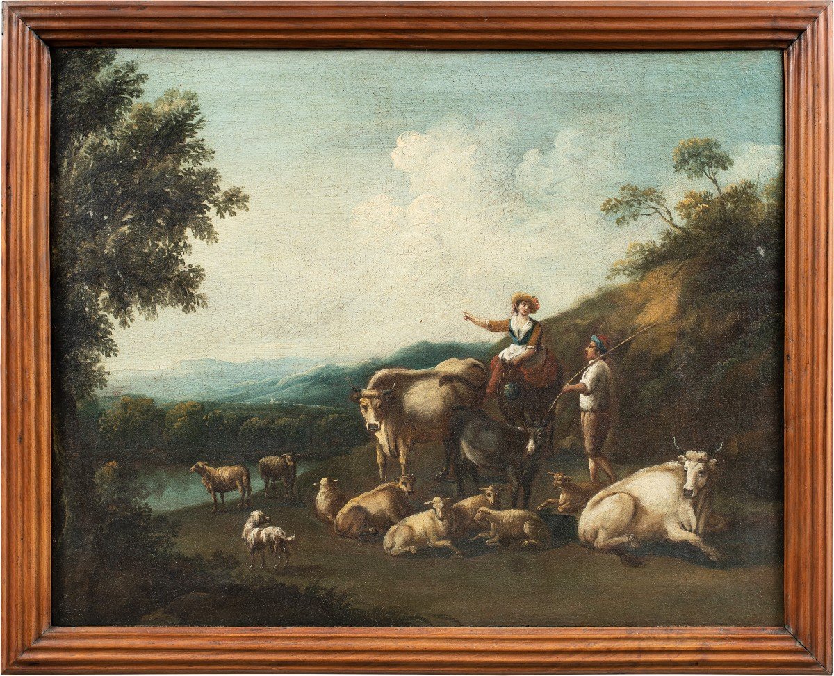 Italian Painter (18th Century) - Arcadian Landscape With Flock And Shepherds.