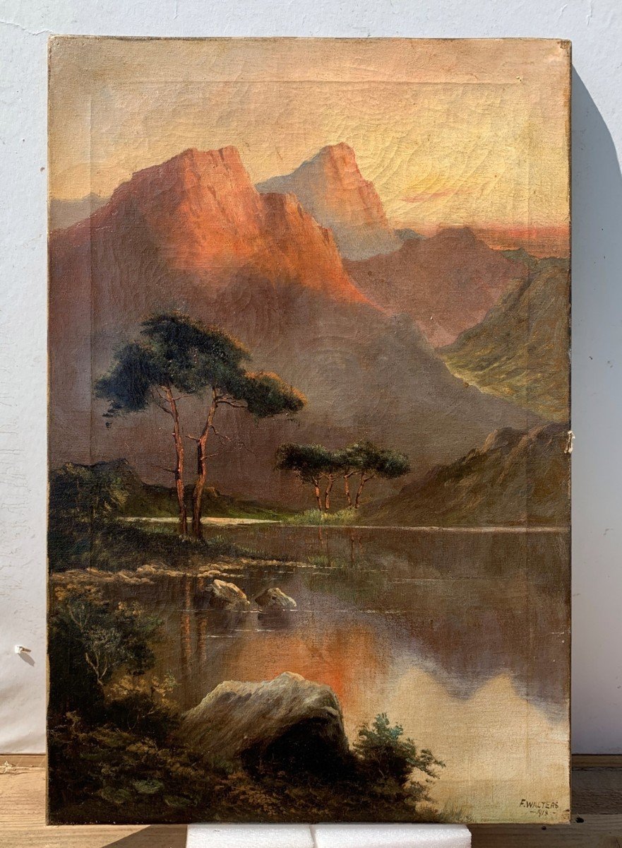 F. Walters (britannique, Daté De 1918) - Paysages De Montagne Le Matin Et Au Coucher Du Soleil.-photo-2