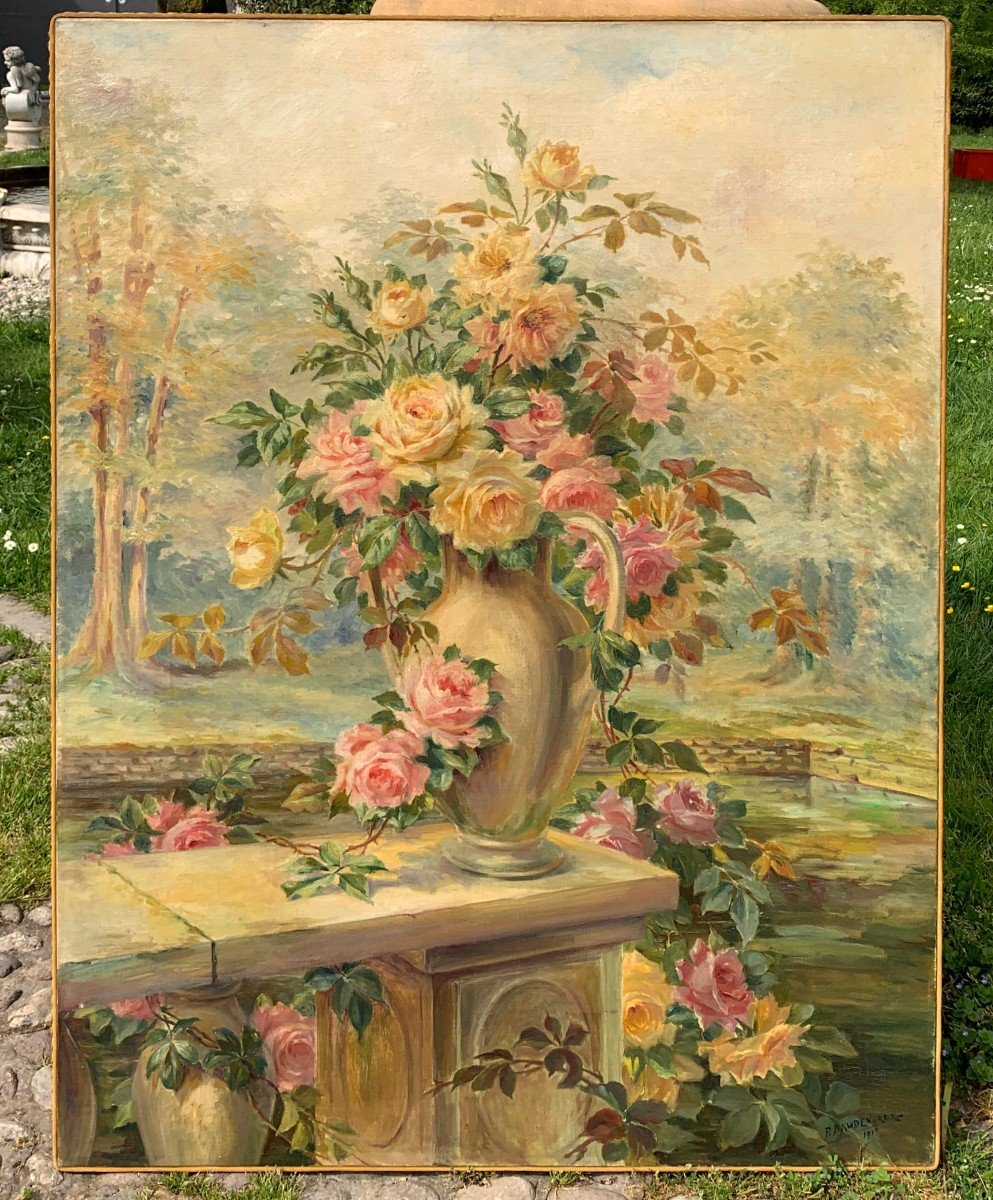 French Painter (dated 1919) - Still Life With Vase Of Roses.-photo-2