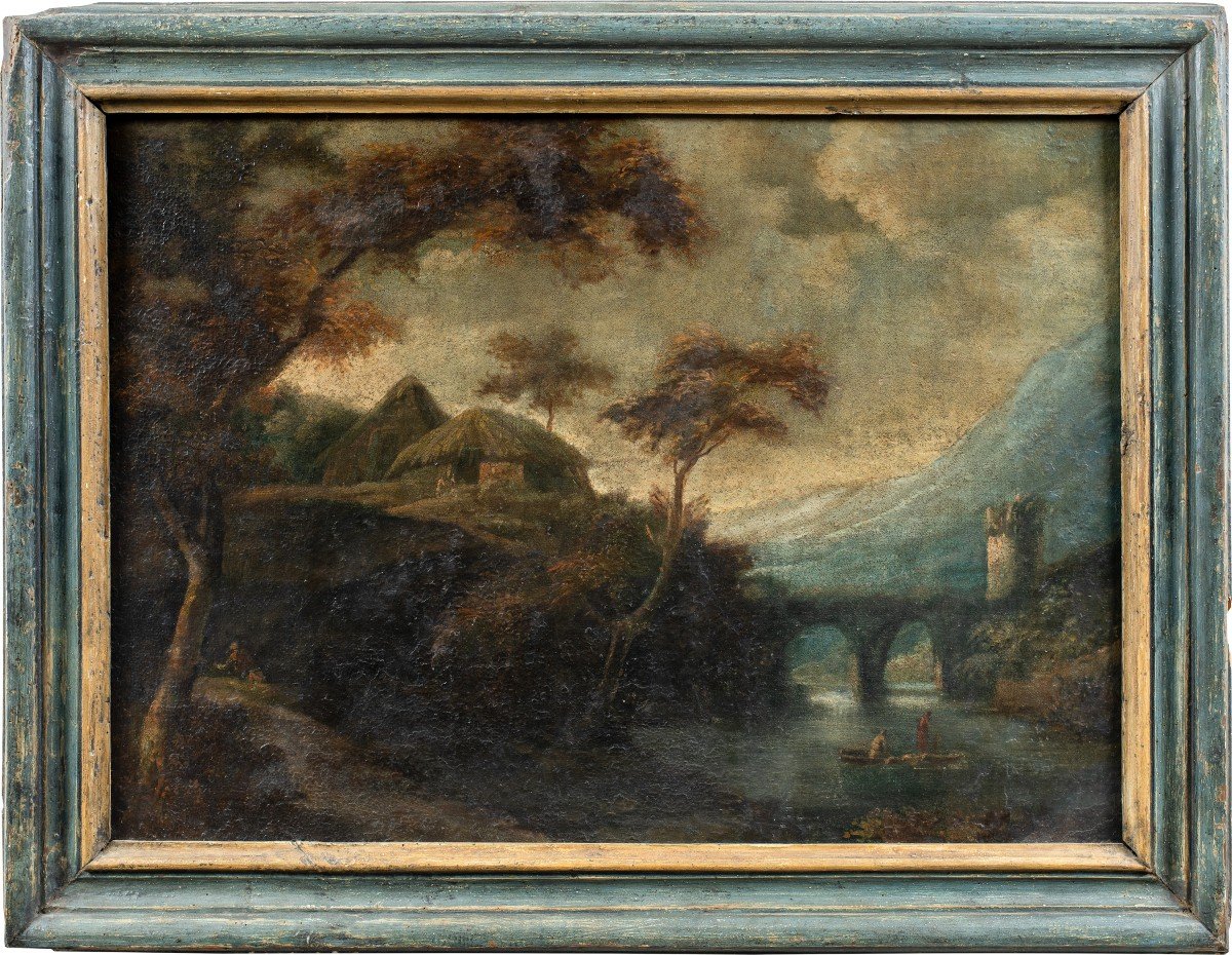 Peintre Italien (xviiie Siècle) - Paysage Fluvial Avec Personnages.