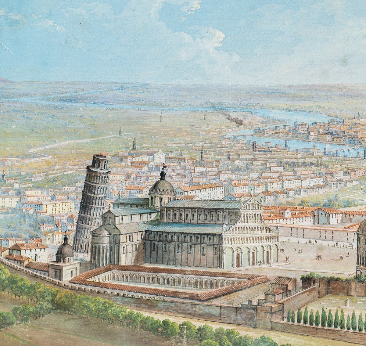 Italian Painter (late 19th Century) - Pisa, Bird's Eye View With The Leaning Tower-photo-2