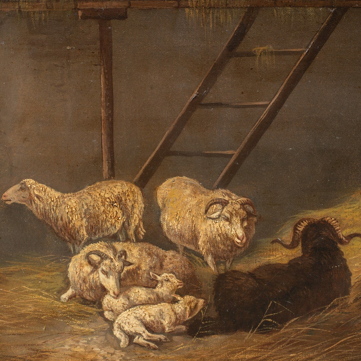 Italian Painter (19th Century) - Sheep In The Stable.-photo-2