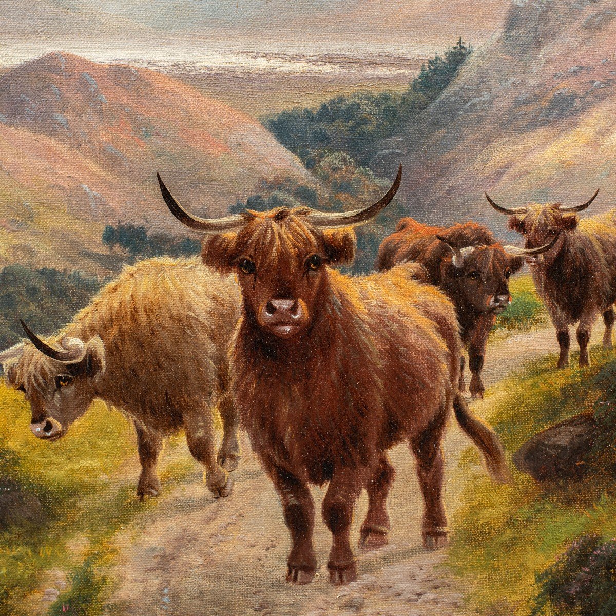 Harald R. Hall (british, 1866 - 1902) - Herd Of Highlanders Along The Path.-photo-2
