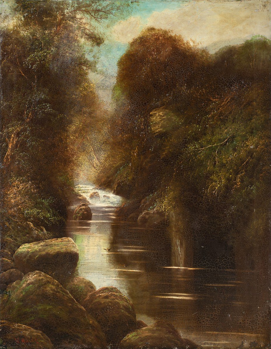 W. Miller (britannique, Fin Du XIXe Siècle) - Paysage Boisé Avec Ruisseau.