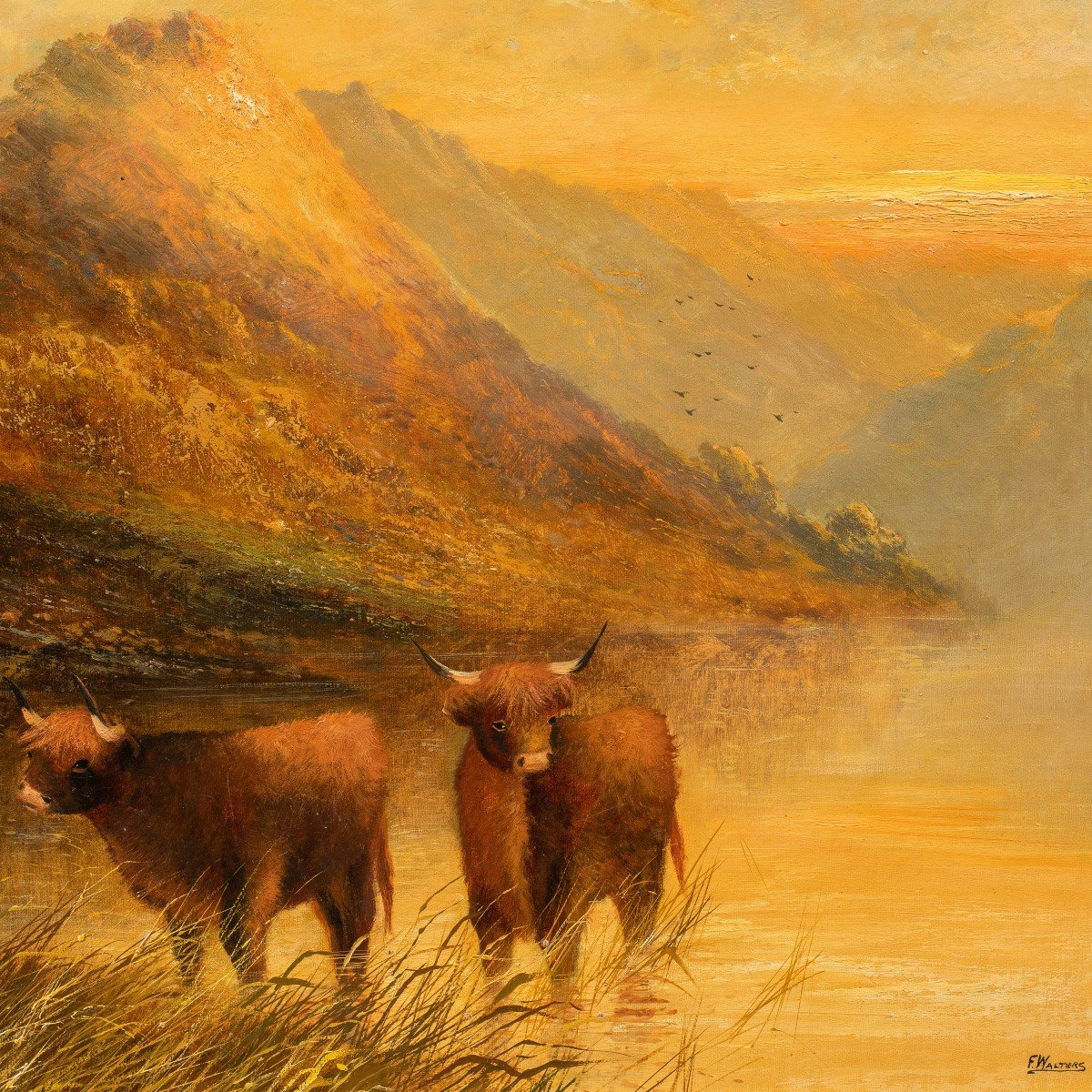 Frank Walters (british, Late 19th Century) - Highland Cattle At The Lake.-photo-2