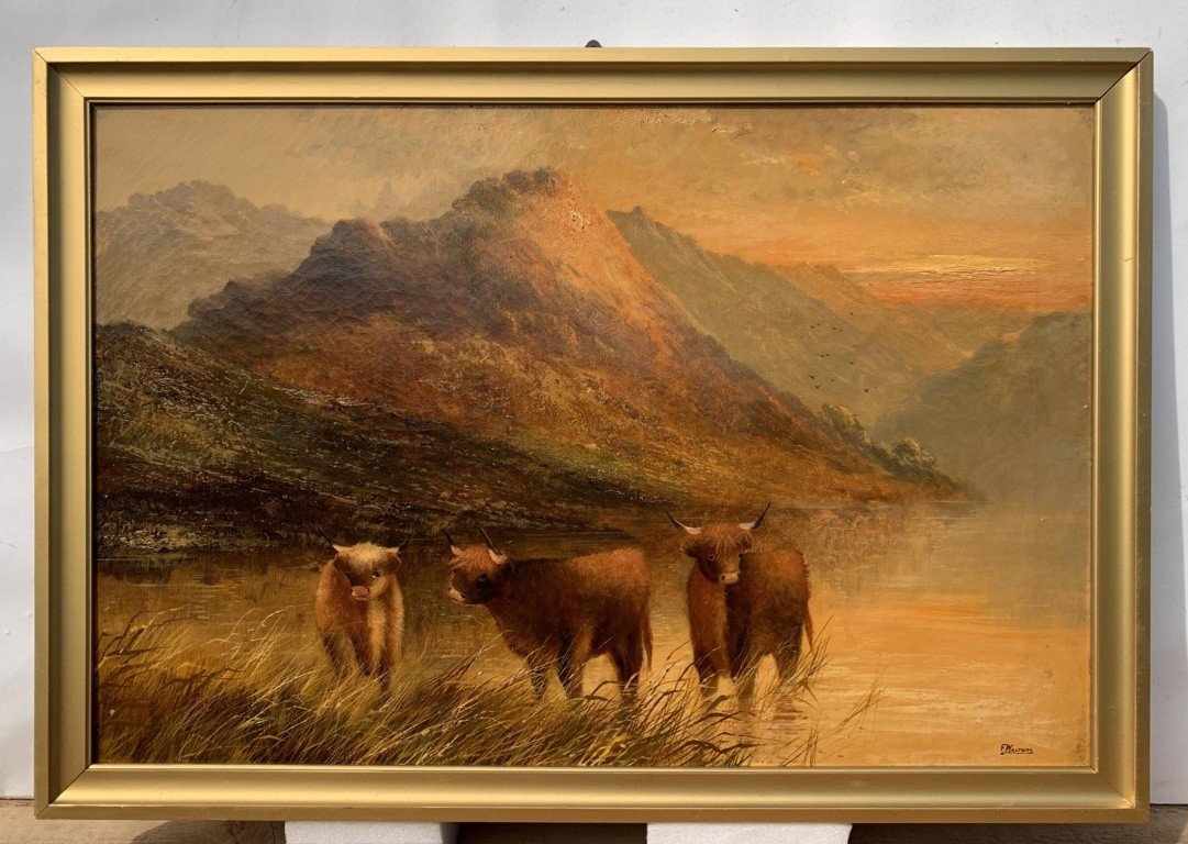 Frank Walters (british, Late 19th Century) - Highland Cattle At The Lake.-photo-4