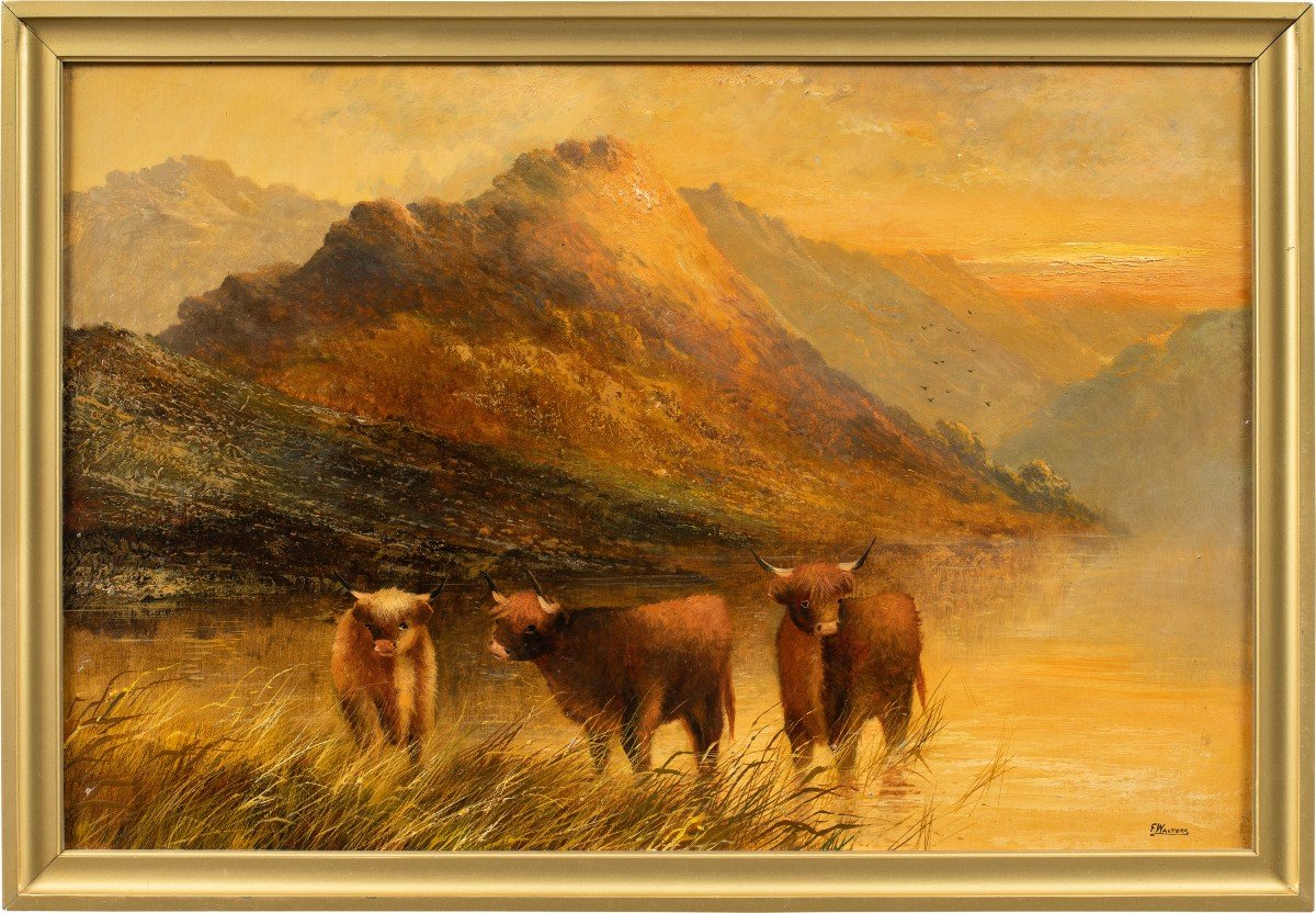 Frank Walters (british, Late 19th Century) - Highland Cattle At The Lake.