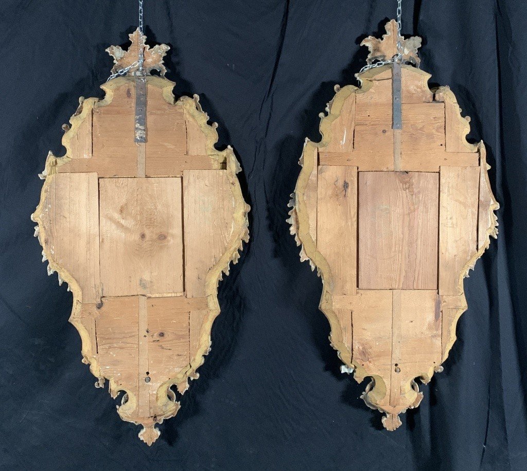 Paire De Miroirs En Bois Sculpté Et Doré. Italie, XVIIIe Siècle.-photo-3