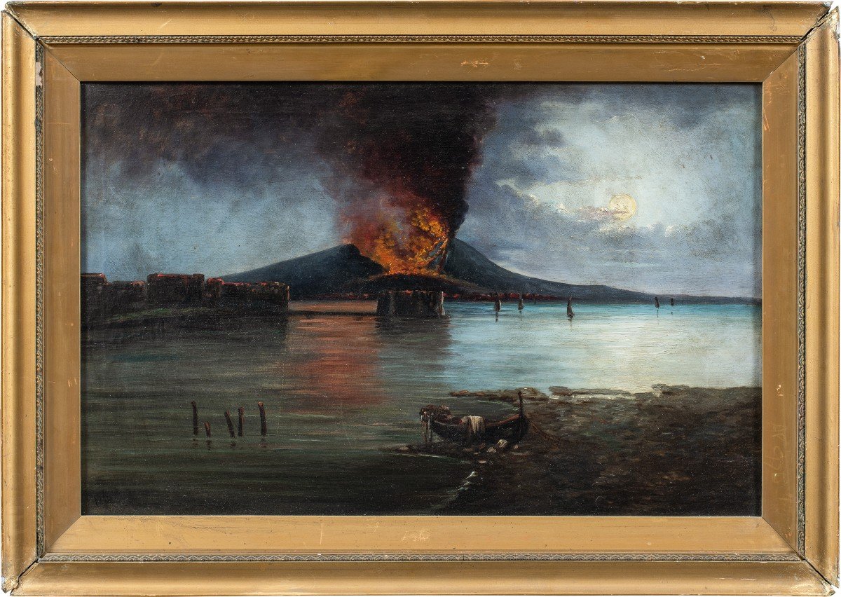 Peintre italien (19ème siècle) - Golfe de Naples avec éruption du Vésuve.