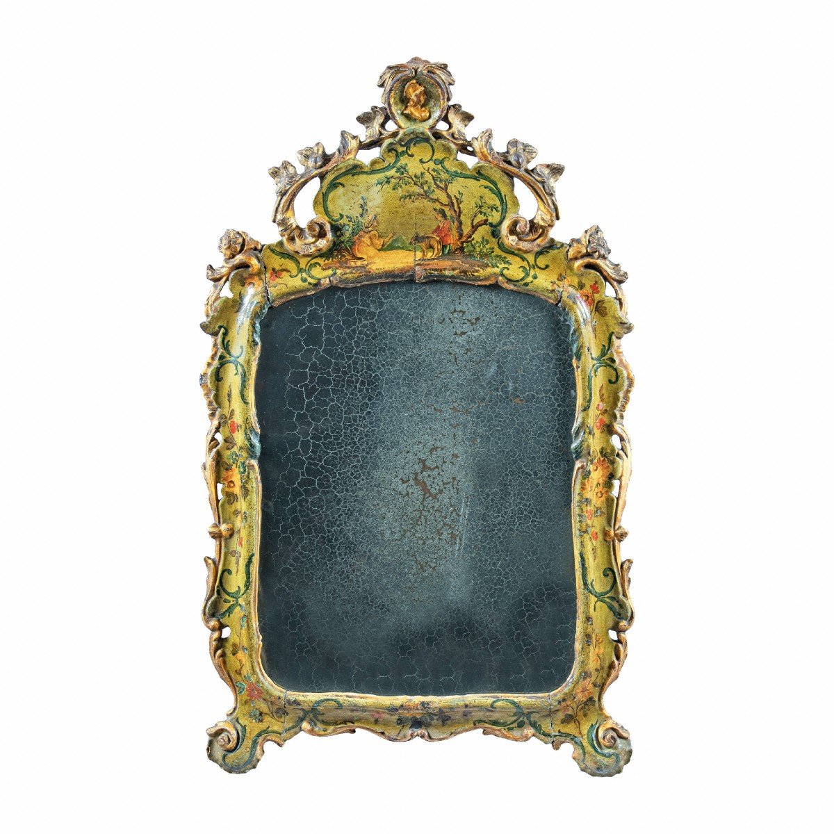 Carved, Lacquered And Painted Wooden Mirror. Venice, 18th Century.