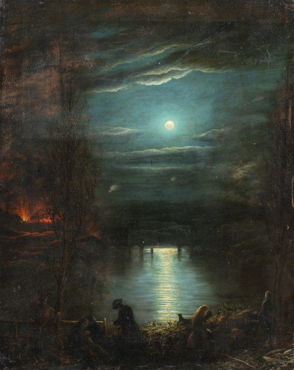 Peintre Anglais (début XIXème Siècle) - Paysage Au Clair De Lune Avec Feu.