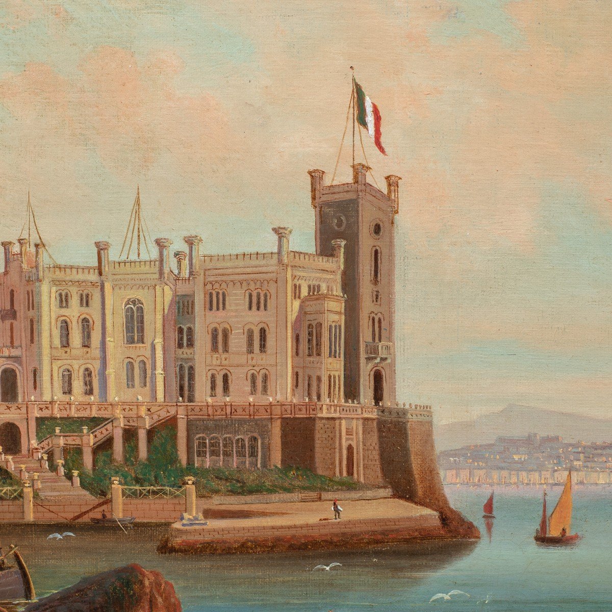 Italian Painter (early 20th Century) - Trieste, View Of Miramare Castle With The Italian Flag.-photo-3