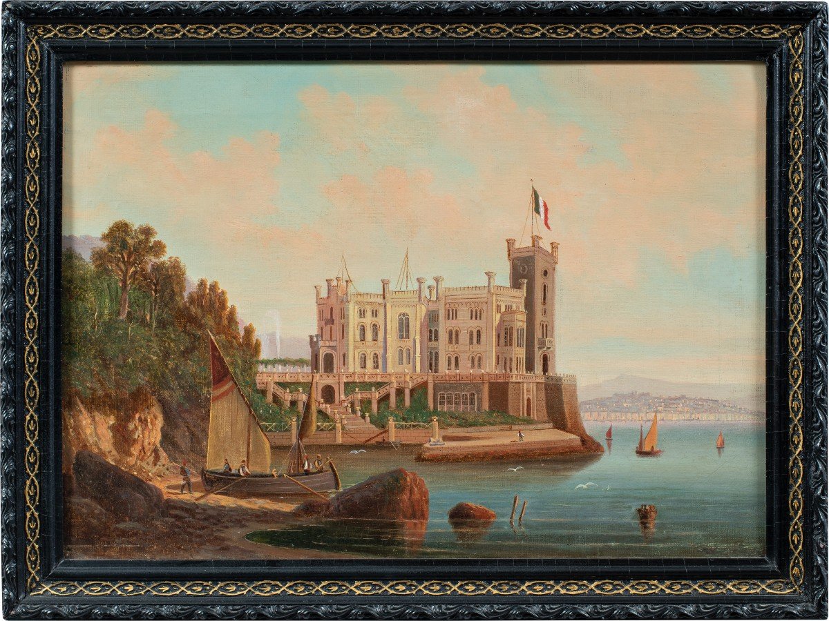 Italian Painter (early 20th Century) - Trieste, View Of Miramare Castle With The Italian Flag.