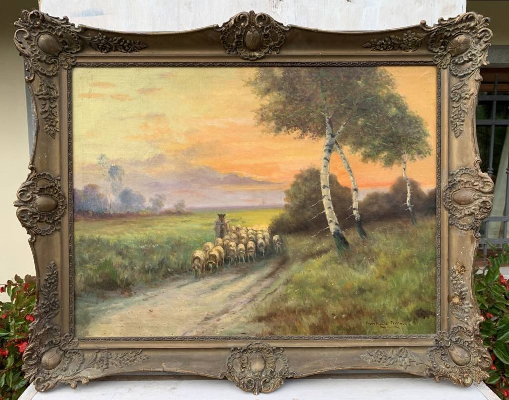 English Painter (19th Century) - Landscape With Flock At Sunset.-photo-1