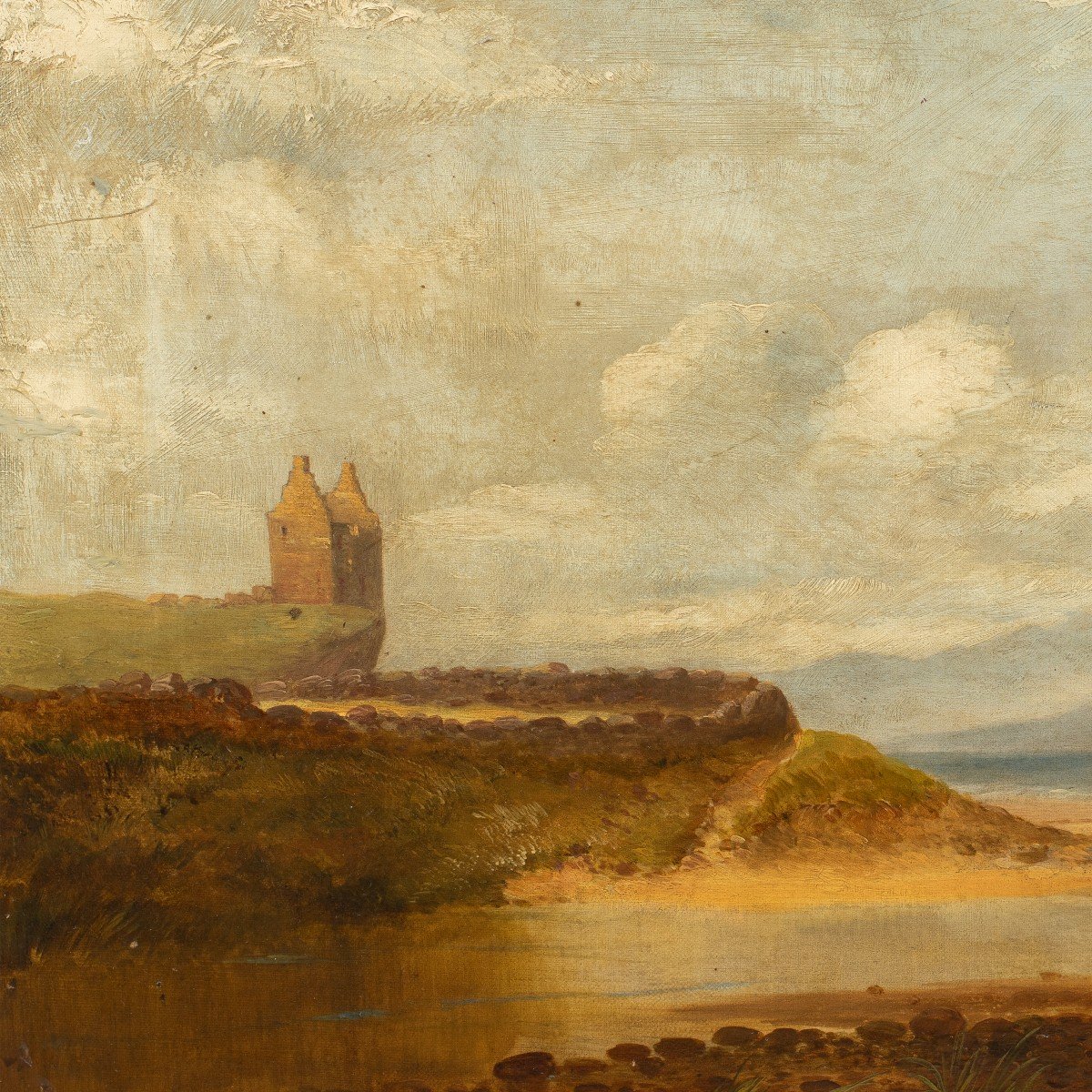 Peintre Anglais (fin XIXème Siècle) - Paysage Romantique Avec Forteresse Et Pêcheur.-photo-3