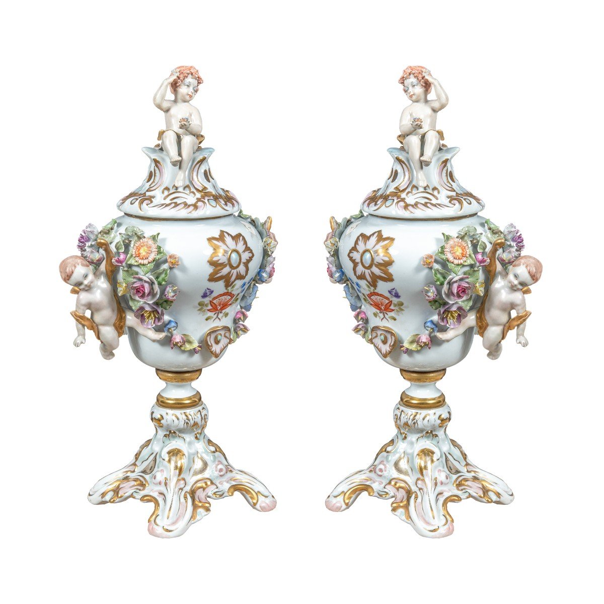 Pair Of Polychrome Porcelain Incense Burner Vases. Capodimonte, 19th Century.-photo-2