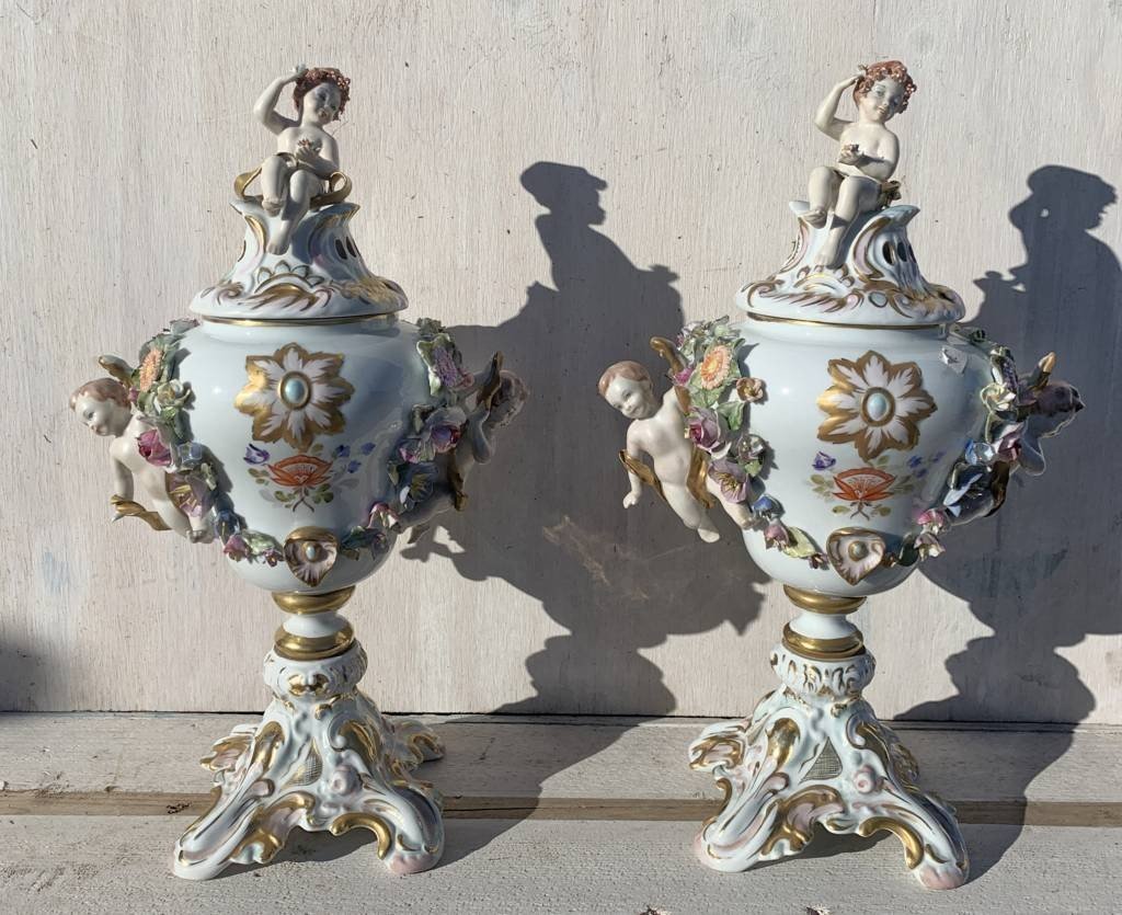 Pair Of Polychrome Porcelain Incense Burner Vases. Capodimonte, 19th Century.-photo-3