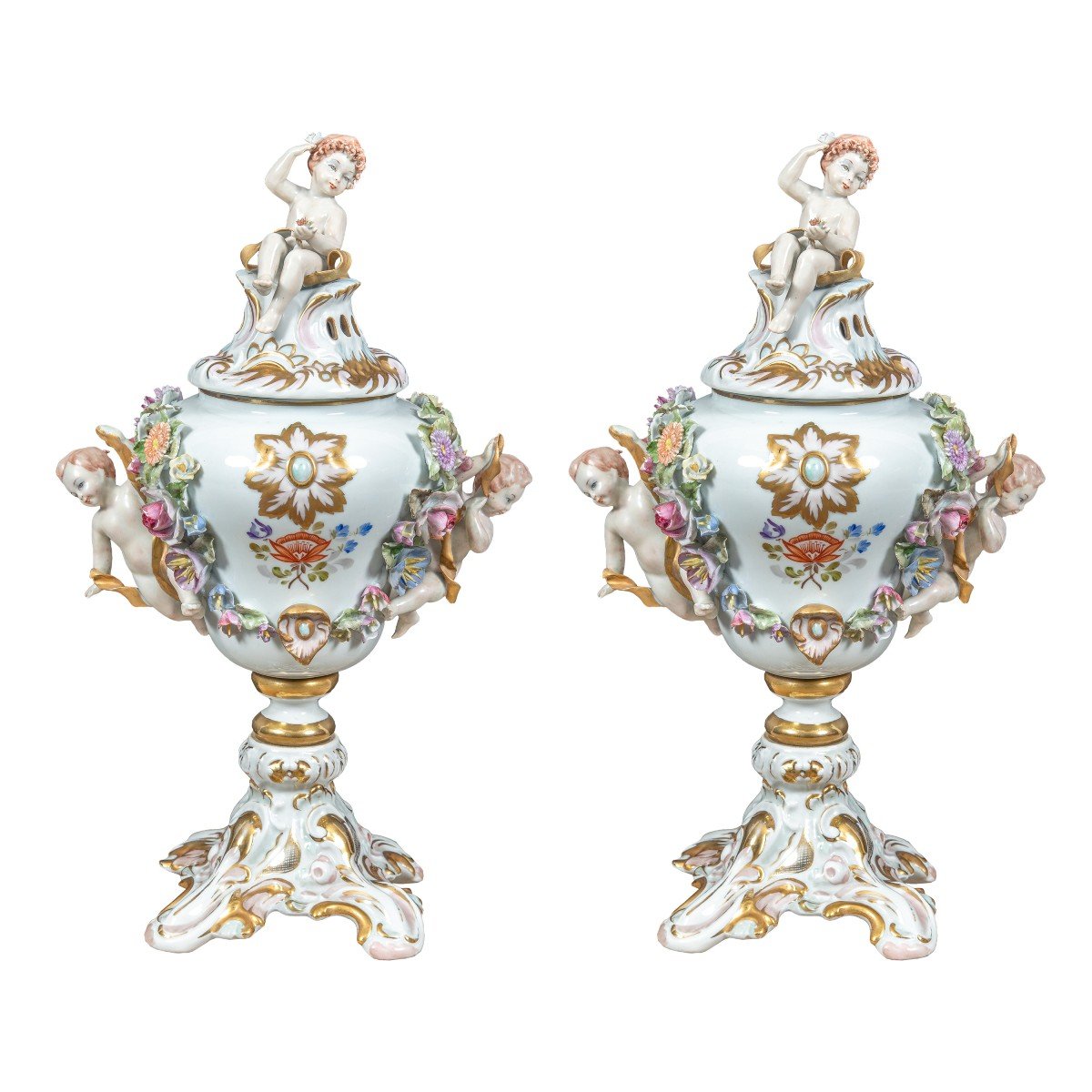 Pair Of Polychrome Porcelain Incense Burner Vases. Capodimonte, 19th Century.