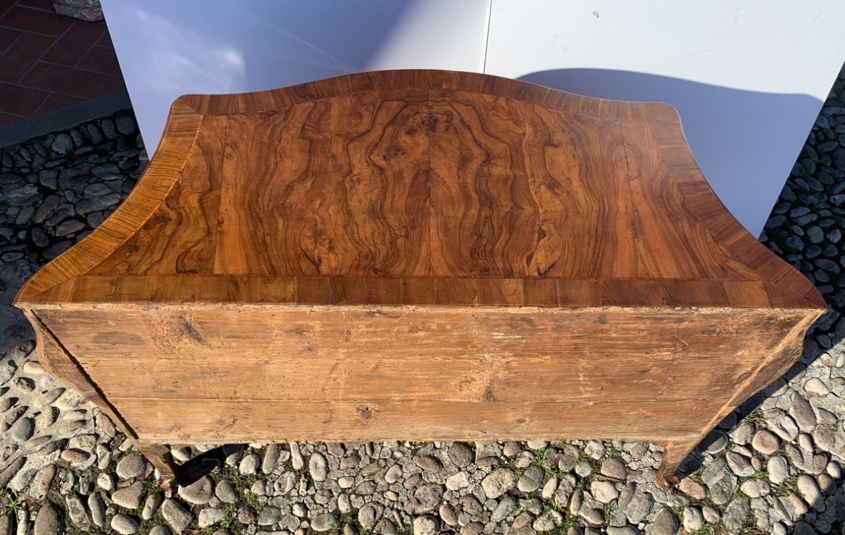 Curved Chest Of Drawers Veneered In Walnut And Walnut Root. Veneto, 18th Century.-photo-1