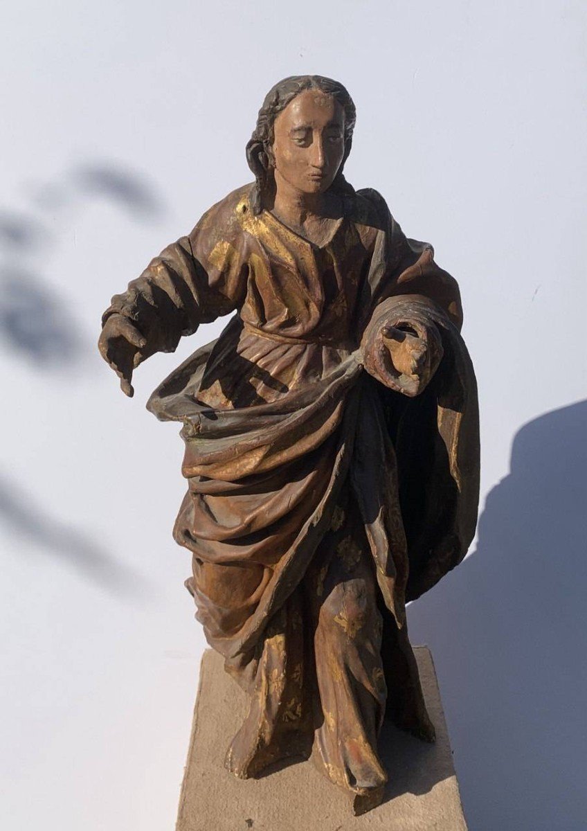 Sculpture En Bois Sculpté Et Peint - Figure d'Un Saint - Italie, XVIIe-xviiie Siècle.-photo-3