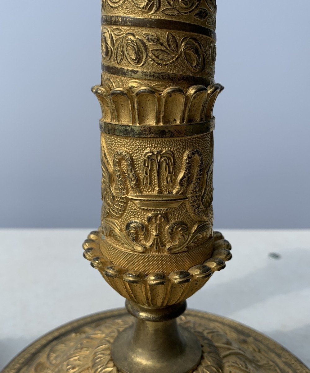 Pair Of Gilded Bronze Candlesticks. Paris, Early 19th Century.-photo-3