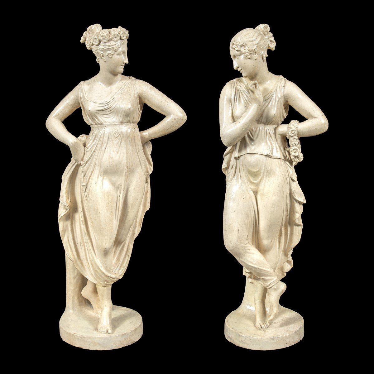 Paire De Sculptures En Scagliola Vernissée - Danseuses (de Canova). Italie, XIXe-xxe Siècle.