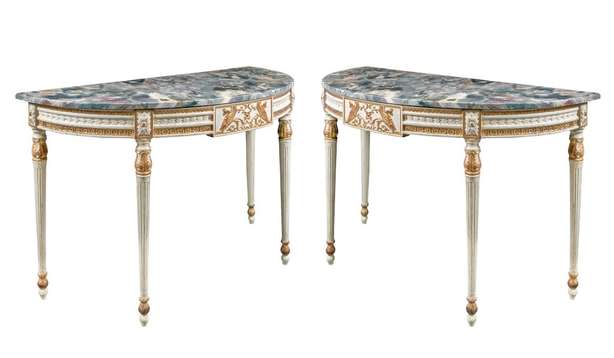 Pair Of Gilded And Painted Demi-lune Consoles. Italy, 18th-19th Century.-photo-2